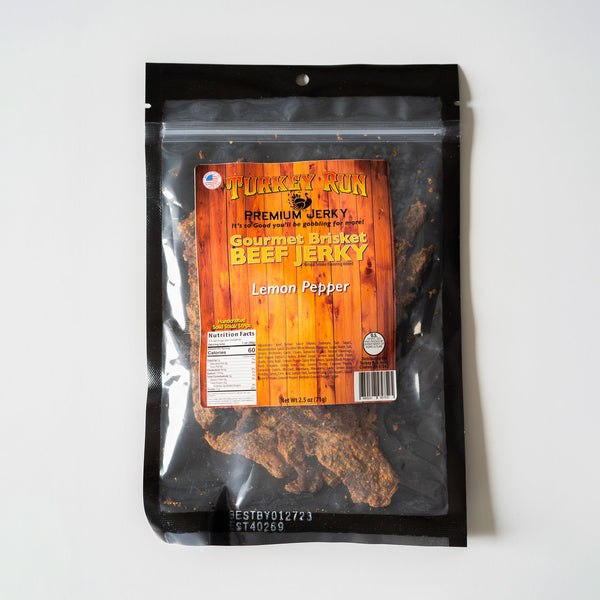 A photo showing Lemon Pepper Beef Jerky packaging