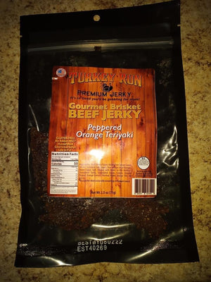 Packaging of Peppered Orange Teriyaki Flavored Brisket Beef Jerky
